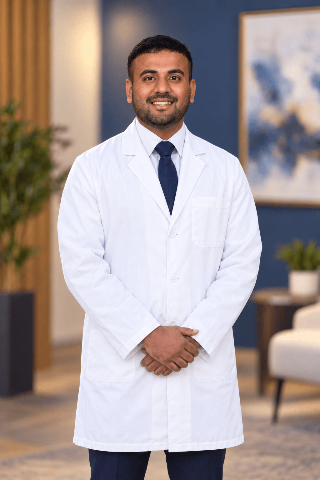 Dr. Nikhil Adapa wearing a white coat